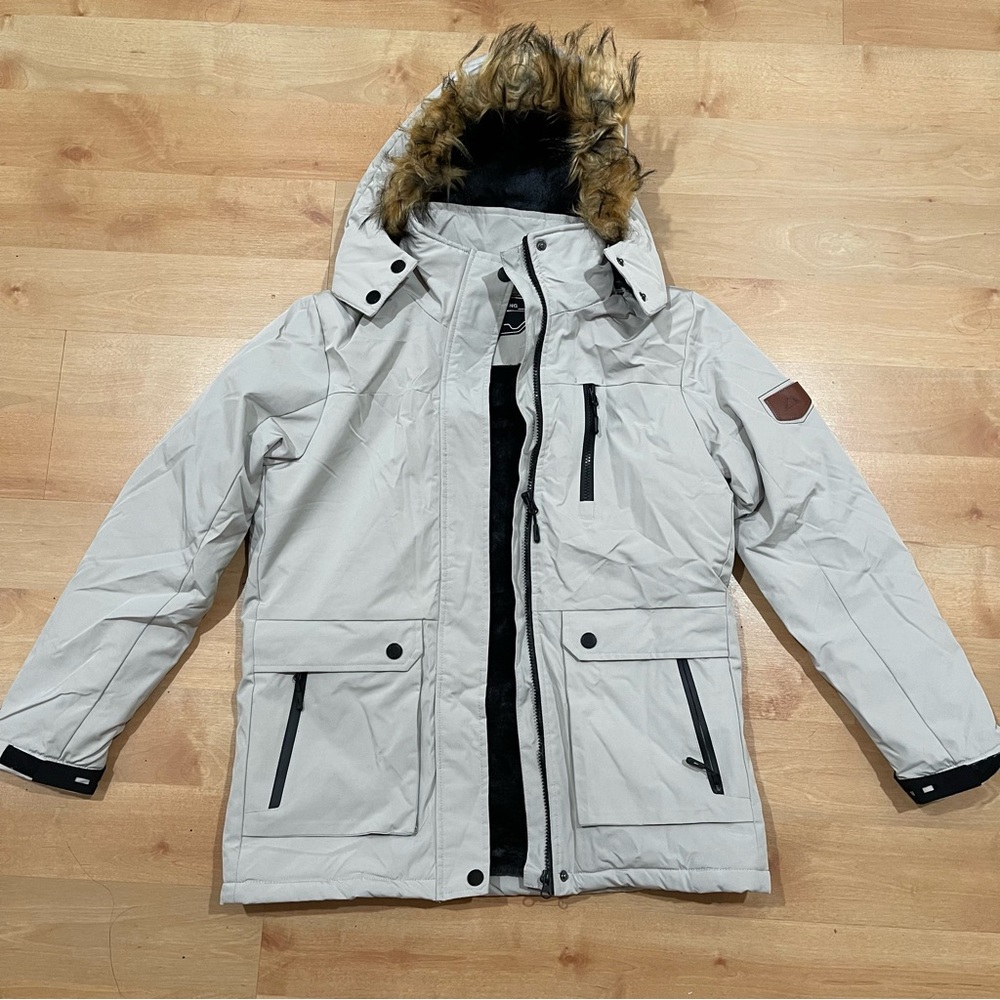 Moerdeng Light Gray Waterproof Jacket with Faux Fur